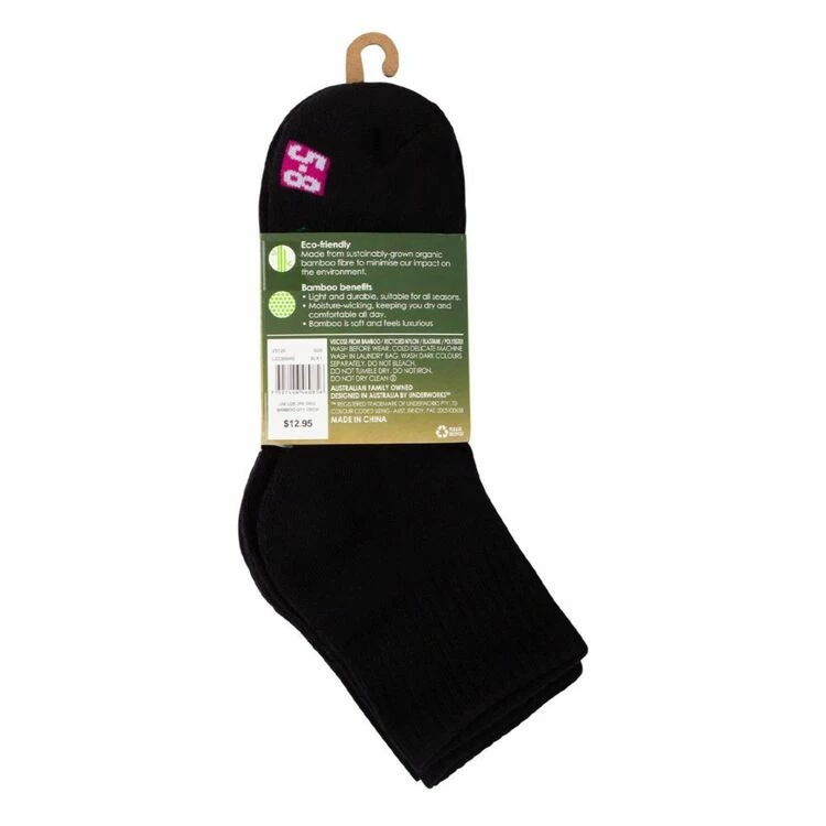 Underworks Ladies Eco Bamboo Sport Quarter Crew Socks 3 Pack Black 4 Underworks Ladies Eco Bamboo Sport Quarter Crew Socks 3 Pack Black - Image 2