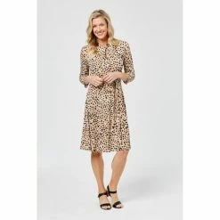 Khoko Smart Twist Neck 3/4 Sleeve Dress Pebble -Women's Clothing store online 621390 C 0260 71