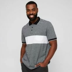 Bronson Casual Speer Short Sleeve Pique Birdseye Cotton Chest Stripe Polo Black