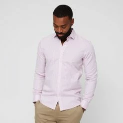 Brooksfield Long Sleeve Luxe Check Textured Dress Shirt Pink