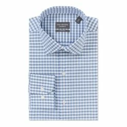 Van Heusen Tailored Fit Small Check Long Sleeve Shirt Indigo -Women's Clothing store online 628479 C 0401 32