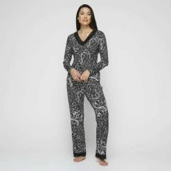 Jane Lamerton Lace Long Sleeve Sleep Top Black White