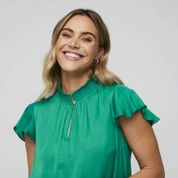 Leona Edmiston Ruby Frill Sleeve Shirred Blouse Bright Green 4 Leona Edmiston Ruby Frill Sleeve Shirred Blouse Bright Green - Image 2