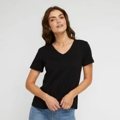 Khoko Basics Vee Neck Cotton Printed Tee Black 11 Khoko Basics Vee Neck Cotton Printed Tee Black -Women's Clothing store online 639772 C 0001 00