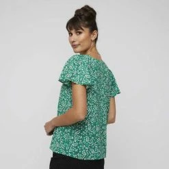 Khoko Smart Sweetheart Flutter Sleeve Top Firefly Print Jade -Women's Clothing store online 641097 C 0312 47 2