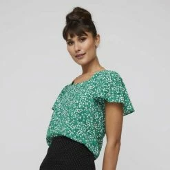 Khoko Smart Sweetheart Flutter Sleeve Top Firefly Print Jade -Women's Clothing store online 641097 C 0312 47