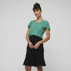 Khoko Smart Sweetheart Flutter Sleeve Top Firefly Print Jade -Women's Clothing store online 641097 C 0312 47 3