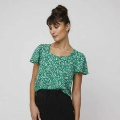 Khoko Smart Sweetheart Flutter Sleeve Top Firefly Print Jade -Women's Clothing store online 641097 C 0312 47 4