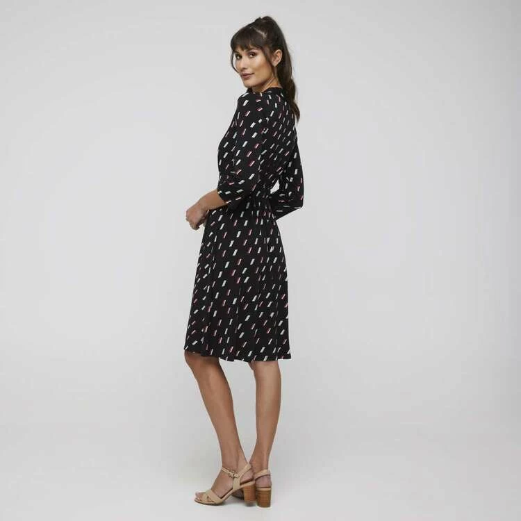 Khoko Smart V Neck F/Flare 3/4 Sleeve Dress Black & Print 6 Khoko Smart V Neck F/Flare 3/4 Sleeve Dress Black & Print - Image 4