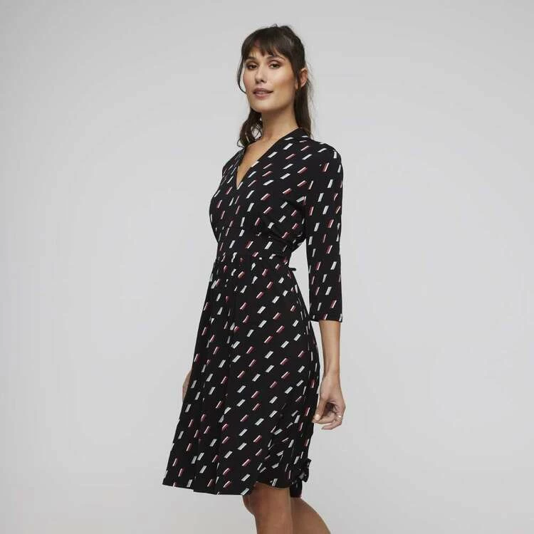 Khoko Smart V Neck F/Flare 3/4 Sleeve Dress Black & Print 4 Khoko Smart V Neck F/Flare 3/4 Sleeve Dress Black & Print - Image 2
