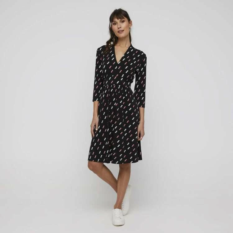 Khoko Smart V Neck F/Flare 3/4 Sleeve Dress Black & Print 5 Khoko Smart V Neck F/Flare 3/4 Sleeve Dress Black & Print - Image 3