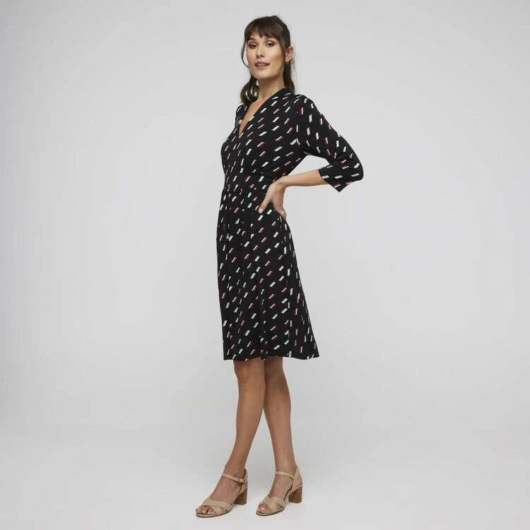 Khoko Smart V Neck F/Flare 3/4 Sleeve Dress Black & Print 7 Khoko Smart V Neck F/Flare 3/4 Sleeve Dress Black & Print - Image 5