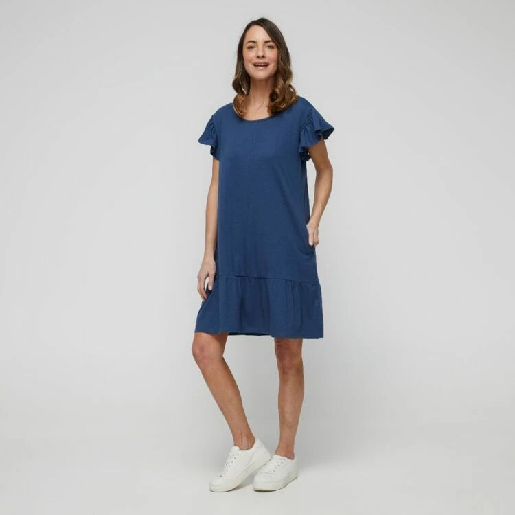 Khoko Collection Cotton Slub Ruffle Sleeve Dress Denim 5 Khoko Collection Cotton Slub Ruffle Sleeve Dress Denim - Image 3