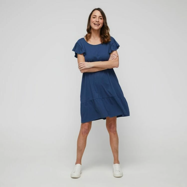 Khoko Collection Cotton Slub Ruffle Sleeve Dress Denim 4 Khoko Collection Cotton Slub Ruffle Sleeve Dress Denim - Image 2