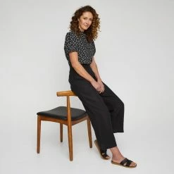 Khoko Smart Women's Linen Wide Leg Button Trim Black Pant Black