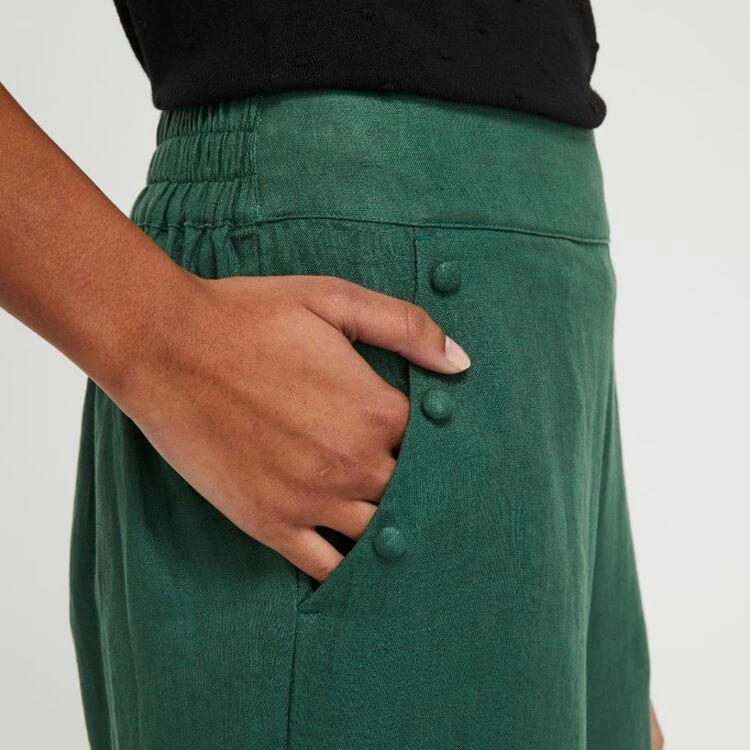 Khoko Smart Women's Linen Wide Leg Button Trim Moss Pant Moss 8 Khoko Smart Women's Linen Wide Leg Button Trim Moss Pant Moss - Image 6