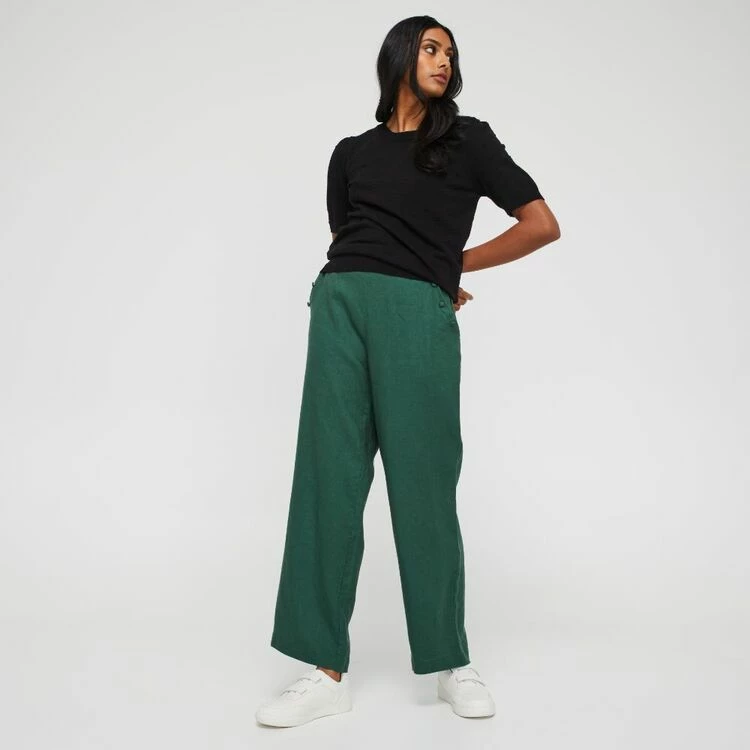 Khoko Smart Women's Linen Wide Leg Button Trim Moss Pant Moss 7 Khoko Smart Women's Linen Wide Leg Button Trim Moss Pant Moss - Image 5