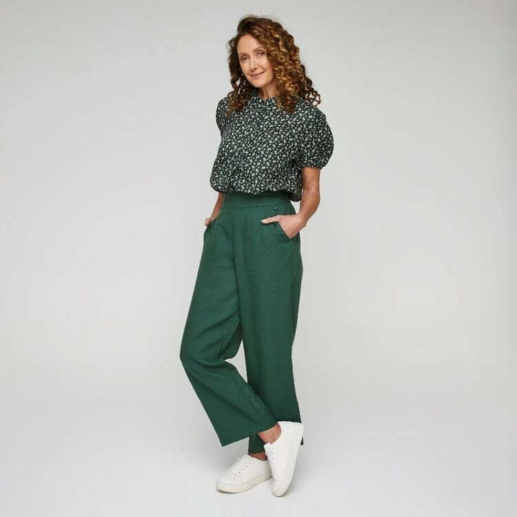 Khoko Smart Women's Linen Wide Leg Button Trim Moss Pant Moss 4 Khoko Smart Women's Linen Wide Leg Button Trim Moss Pant Moss - Image 2