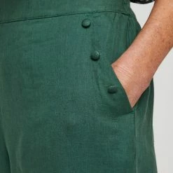 Khoko Smart Women's Linen Wide Leg Button Trim Moss Pant Moss