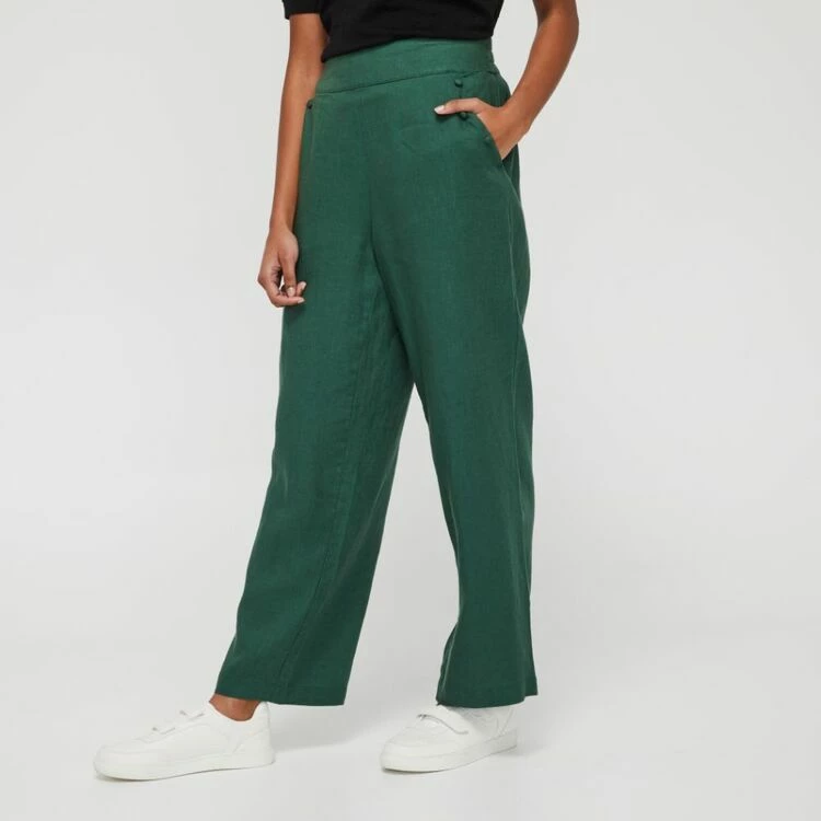 Khoko Smart Women's Linen Wide Leg Button Trim Moss Pant Moss 12 Khoko Smart Women's Linen Wide Leg Button Trim Moss Pant Moss - Image 10