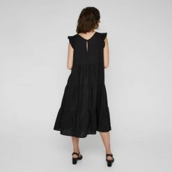 Leona Edmiston Ruby Women's Linen Tiered Flutter Sleeve Black Midi Dress Black -Women's Clothing store online BP640086001 black 2