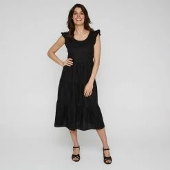 Leona Edmiston Ruby Women's Linen Tiered Flutter Sleeve Black Midi Dress Black -Women's Clothing store online BP640086001 black