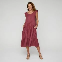 Leona Edmiston Ruby Women's Linen Tiered Flutter Sleeve Rose Midi Dress Rose 12 -Women's Clothing store online BP640087001 rose