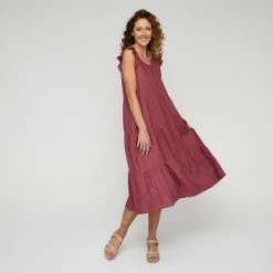 Leona Edmiston Ruby Women's Linen Tiered Flutter Sleeve Rose Midi Dress Rose 12 -Women's Clothing store online BP640087001 rose 3