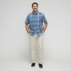 JC Lanyon Ellis Indigo Check Short Sleeve Shirt Dark Khaki -Women's Clothing store online BP640533001 dk khaki 3