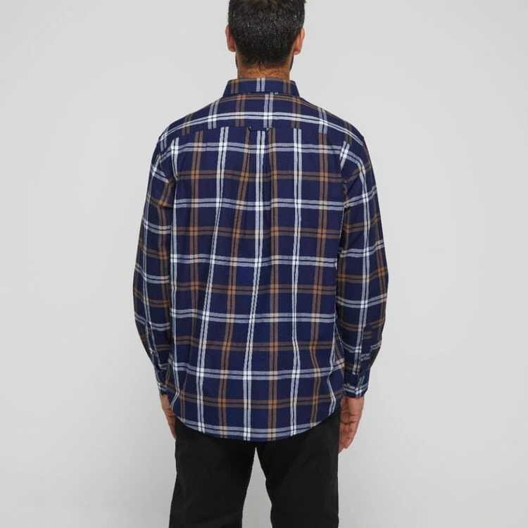 JC Lanyon Men's Denton Indigo Check Long Sleeve Shirt Dark Khaki 6 JC Lanyon Men's Denton Indigo Check Long Sleeve Shirt Dark Khaki - Image 4