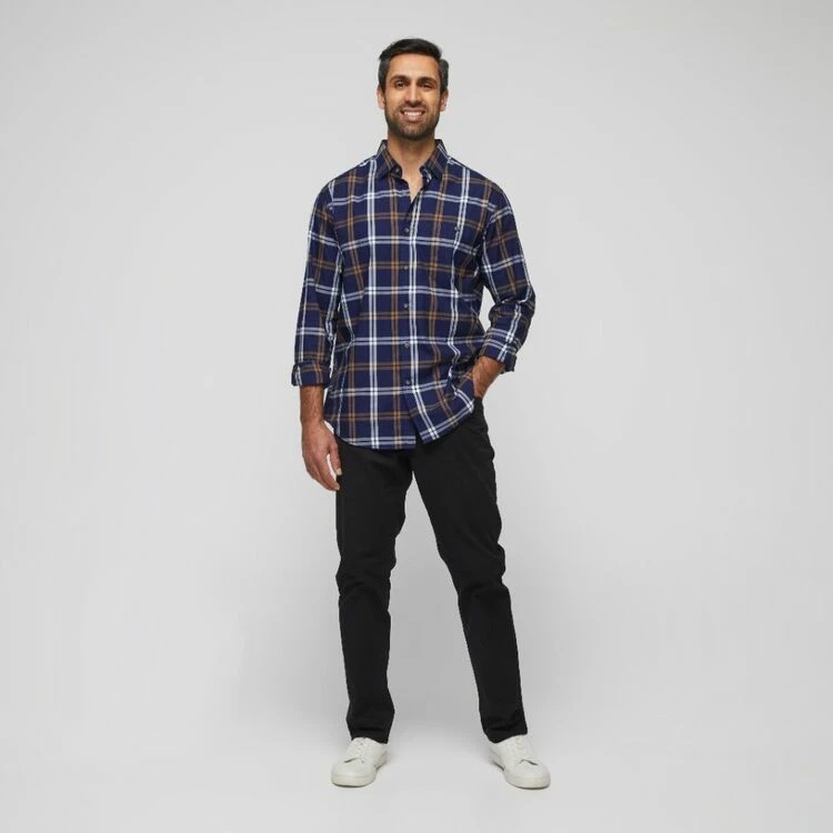 JC Lanyon Men's Denton Indigo Check Long Sleeve Shirt Dark Khaki 5 JC Lanyon Men's Denton Indigo Check Long Sleeve Shirt Dark Khaki - Image 3