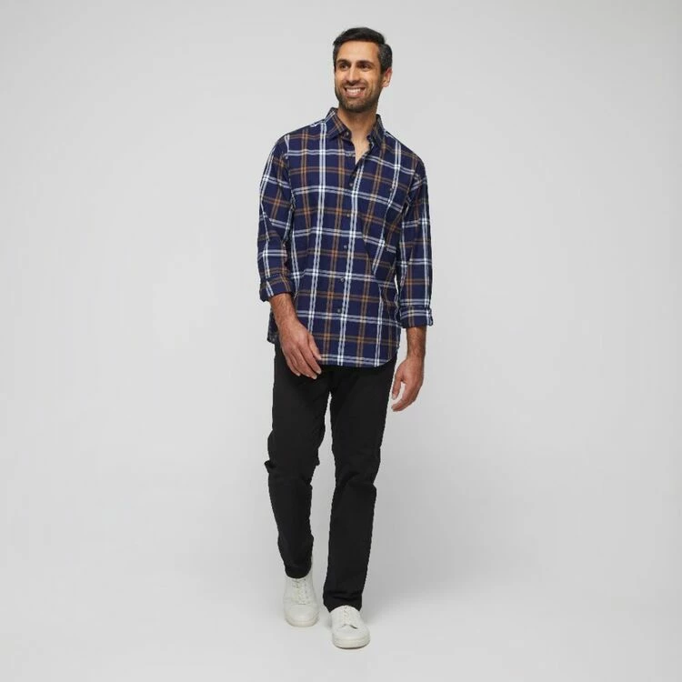 JC Lanyon Men's Denton Indigo Check Long Sleeve Shirt Dark Khaki 4 JC Lanyon Men's Denton Indigo Check Long Sleeve Shirt Dark Khaki - Image 2