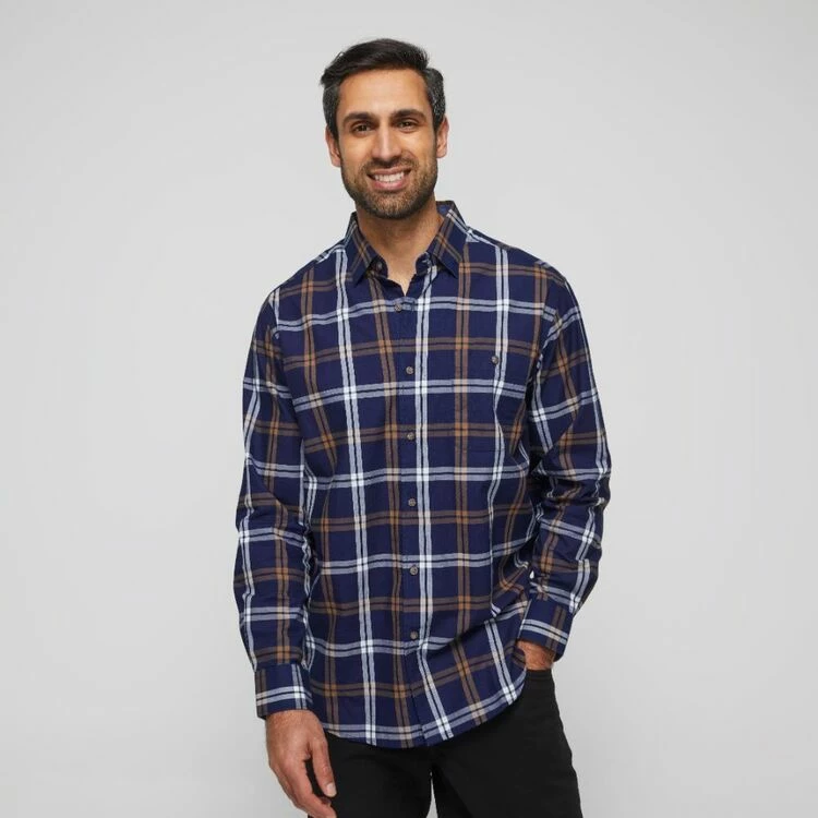 JC Lanyon Men's Denton Indigo Check Long Sleeve Shirt Dark Khaki 7 JC Lanyon Men's Denton Indigo Check Long Sleeve Shirt Dark Khaki - Image 5