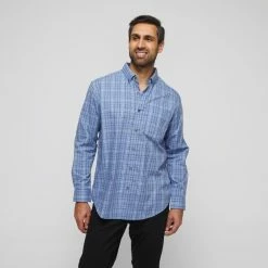JC Lanyon Men's Mason Easy Care Long Sleeve Shirt Blue Check -Women's Clothing store online BP640540001 blue check