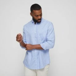 JC Lanyon Men's Easy Care Long Sleeve Shirt Sky Chalk -Women's Clothing store online BP640541001 sky chk 4