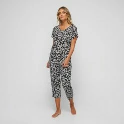 Jane Lamerton Women's Camellia Kimono PJ Top Black White