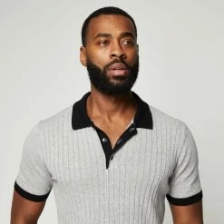 Bronson Casual Men's Fitzroy Rib Knitted Polo Light Grey & Black -Women's Clothing store online BP641162005 lt gry blk 4