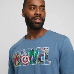 Marvel Men's Short Sleeve Crew Neck T-Shirt & Pants Pyjama Set Blue & Grey