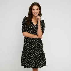 Khoko Smart Tiered Tunic Dress Dainty Print Black Black -Women's Clothing store online BP641323004 black