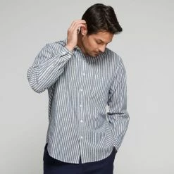 JB Jayson Brunsdon Men's Striped Casual Long Sleeve Shirt White & Navy Stripe -Women's Clothing store online BP642284001 wht nvy str