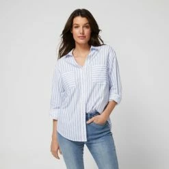 Khoko Collection Women's Oversized Stripe Poplin Shirt Blue -Women's Clothing store online BP642318010 blue