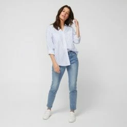 Khoko Collection Women's Oversized Stripe Poplin Shirt Blue -Women's Clothing store online BP642318010 blue 3