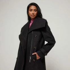 JB Jayson Brunsdon Women's Shawl Collar Zip Trim Coat Black -Women's Clothing store online BP644343006 black