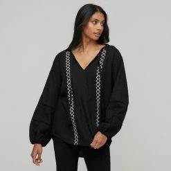 Khoko Collection Women's Linen Peasant Top Black & Chalk 11 Khoko Collection Women's Linen Peasant Top Black & Chalk -Women's Clothing store online BP644548001 blk chk