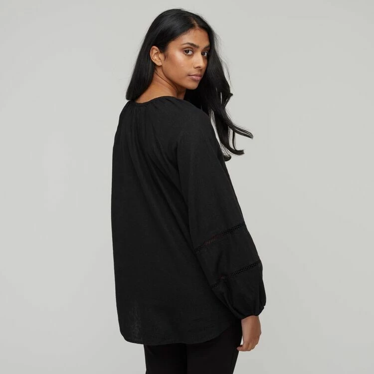 Khoko Collection Women's Linen Peasant Top Black & Chalk 6 Khoko Collection Women's Linen Peasant Top Black & Chalk - Image 4