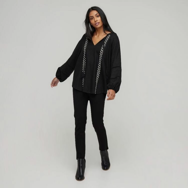 Khoko Collection Women's Linen Peasant Top Black & Chalk 5 Khoko Collection Women's Linen Peasant Top Black & Chalk - Image 3