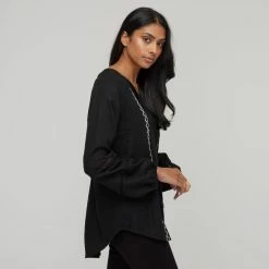 Khoko Collection Women's Linen Peasant Top Black & Chalk 8 Khoko Collection Women's Linen Peasant Top Black & Chalk -Women's Clothing store online BP644548001 blk chk 7