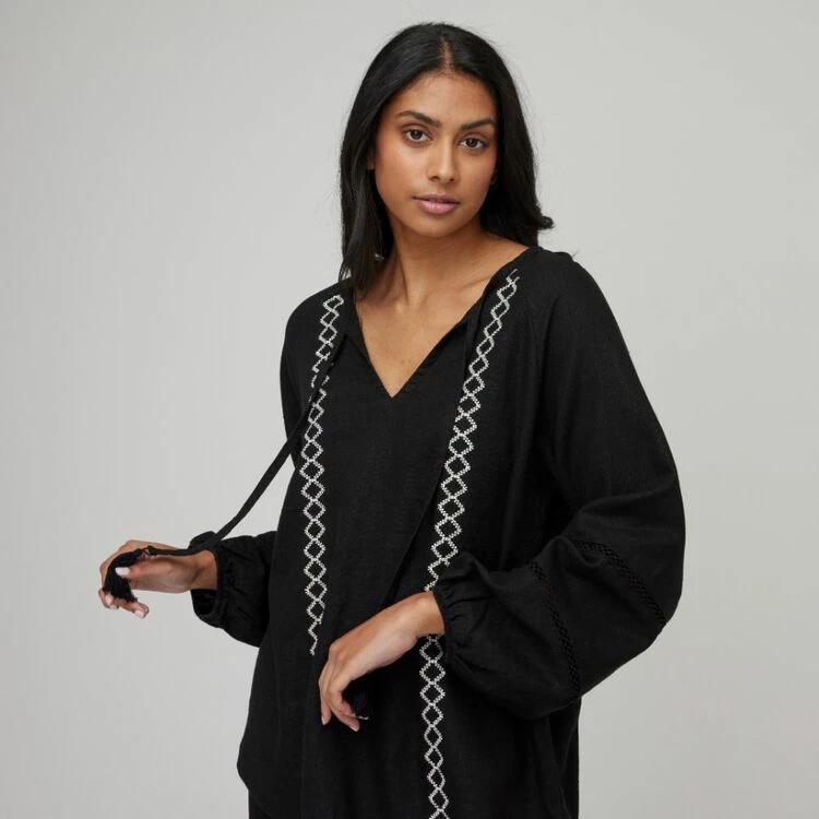 Khoko Collection Women's Linen Peasant Top Black & Chalk 3 Khoko Collection Women's Linen Peasant Top Black & Chalk
