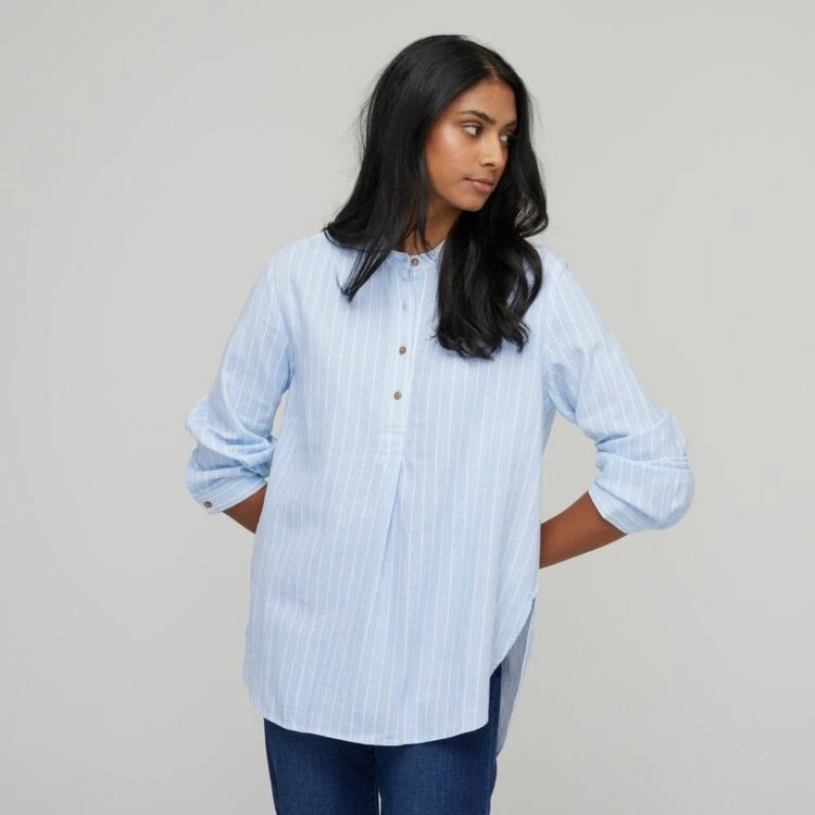Khoko Collection Women's Yarn Dye Linen Stripe Shirt Chambray 5 Khoko Collection Women's Yarn Dye Linen Stripe Shirt Chambray - Image 3