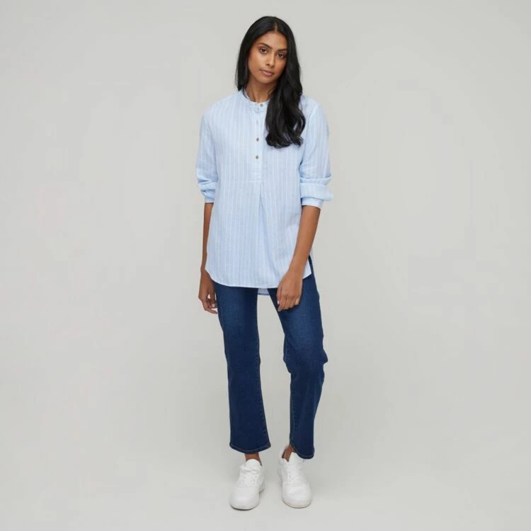 Khoko Collection Women's Yarn Dye Linen Stripe Shirt Chambray 7 Khoko Collection Women's Yarn Dye Linen Stripe Shirt Chambray - Image 5